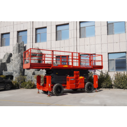 Side view of Diesel Scissor Lift CFPT1623RTD in a lowered position, displaying its platform, robust tires, hydraulic outriggers, and machinery compartment