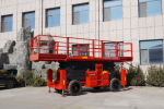 Side view of Diesel Scissor Lift CFPT1623RTD in a lowered position, displaying its platform, robust tires, hydraulic outriggers, and machinery compartment