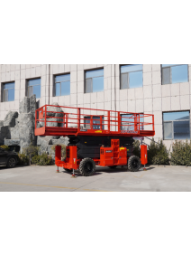 Side view of Diesel Scissor Lift CFPT1623RTD in a lowered position, displaying its platform, robust tires, hydraulic outriggers, and machinery compartment